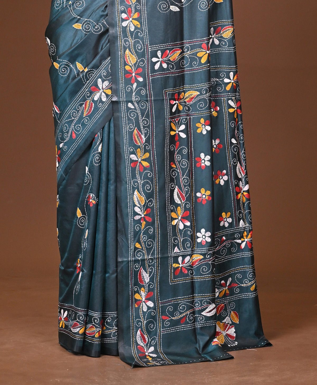 Blended Silk Kantha Stitch Saree Blue