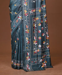 Blended Silk Kantha Stitch Saree Blue
