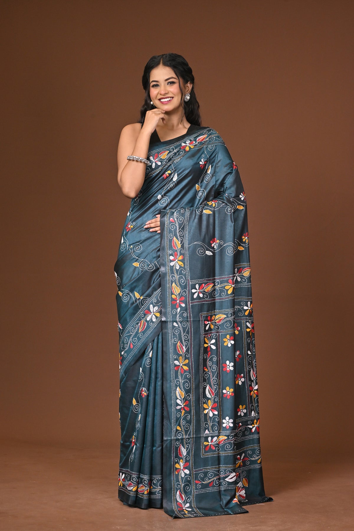 Blended Silk Kantha Stitch Saree Blue