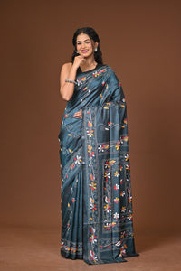 Blended Silk Kantha Stitch Saree Blue
