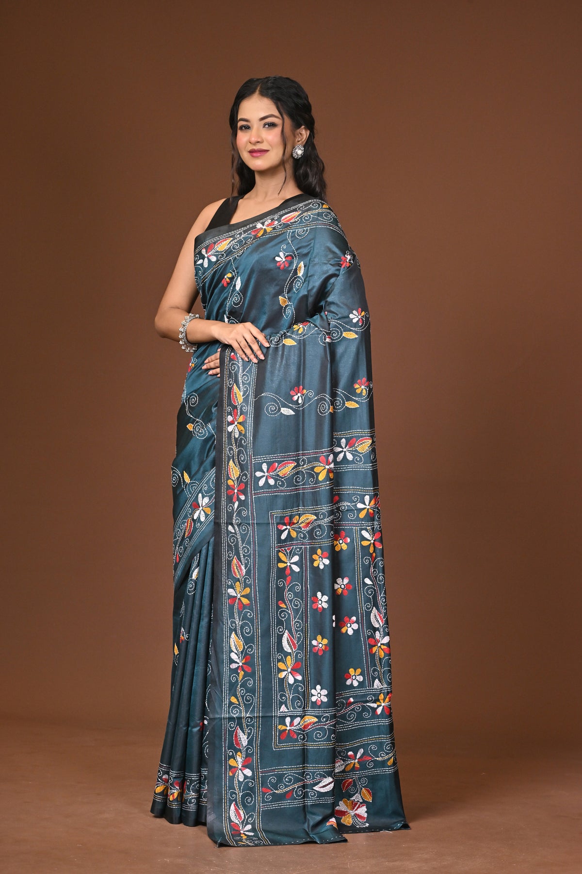Blended Silk Kantha Stitch Saree Blue