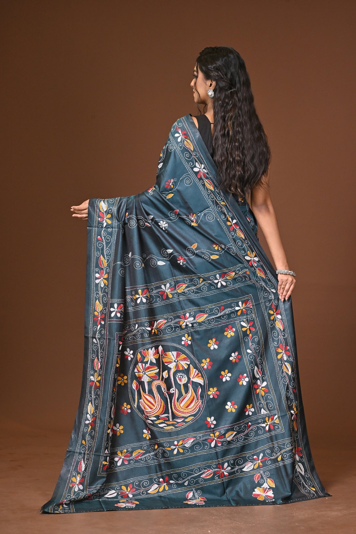 Blended Silk Kantha Stitch Saree Blue