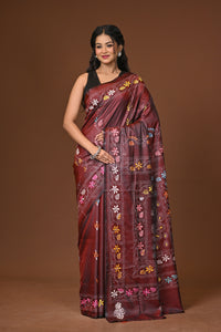 Blended Silk Kantha Stitch Saree Brown