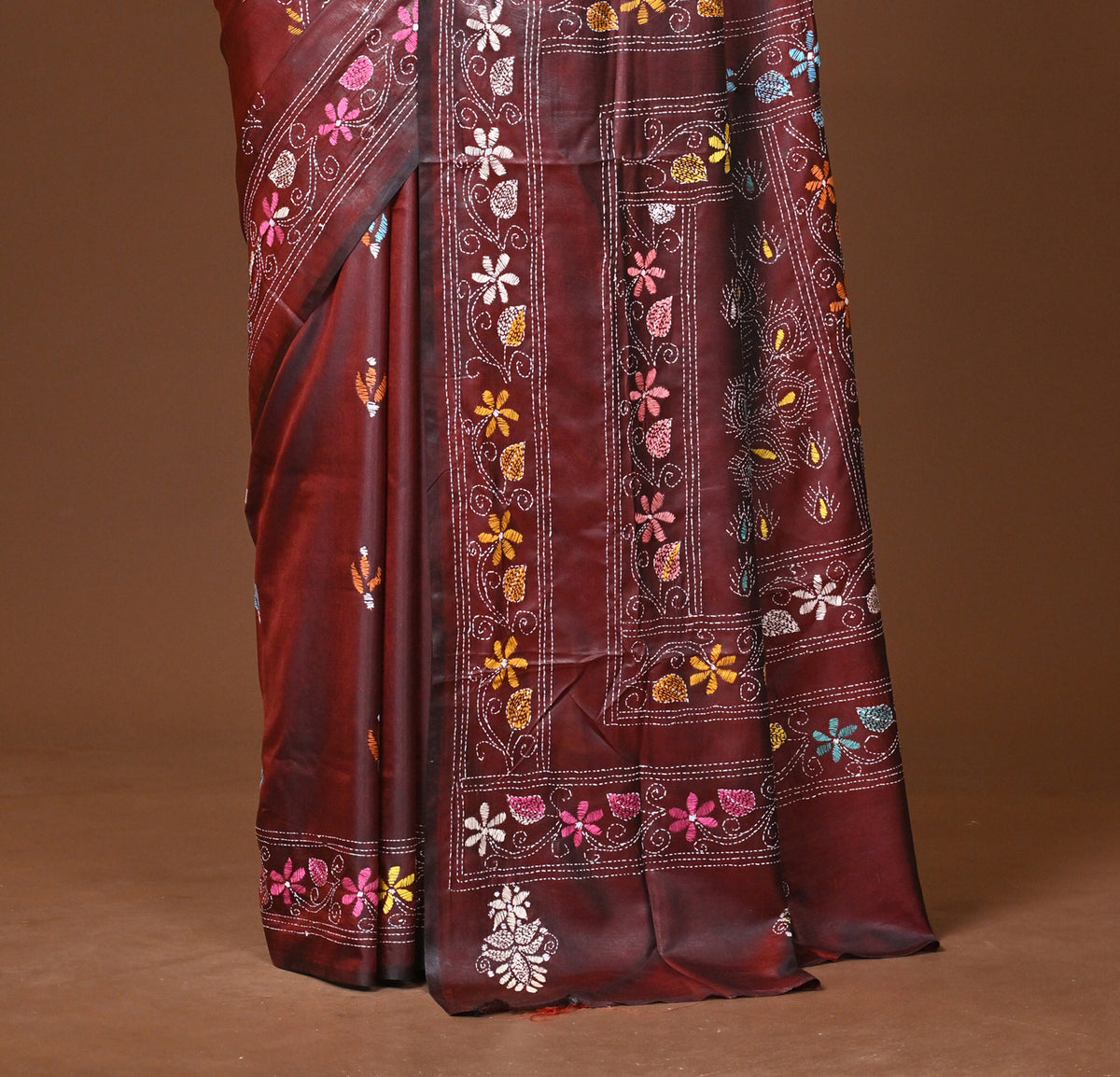 Blended Silk Kantha Stitch Saree Brown