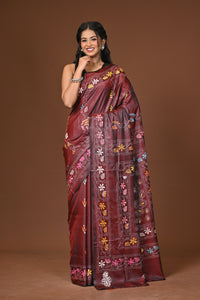Blended Silk Kantha Stitch Saree Brown