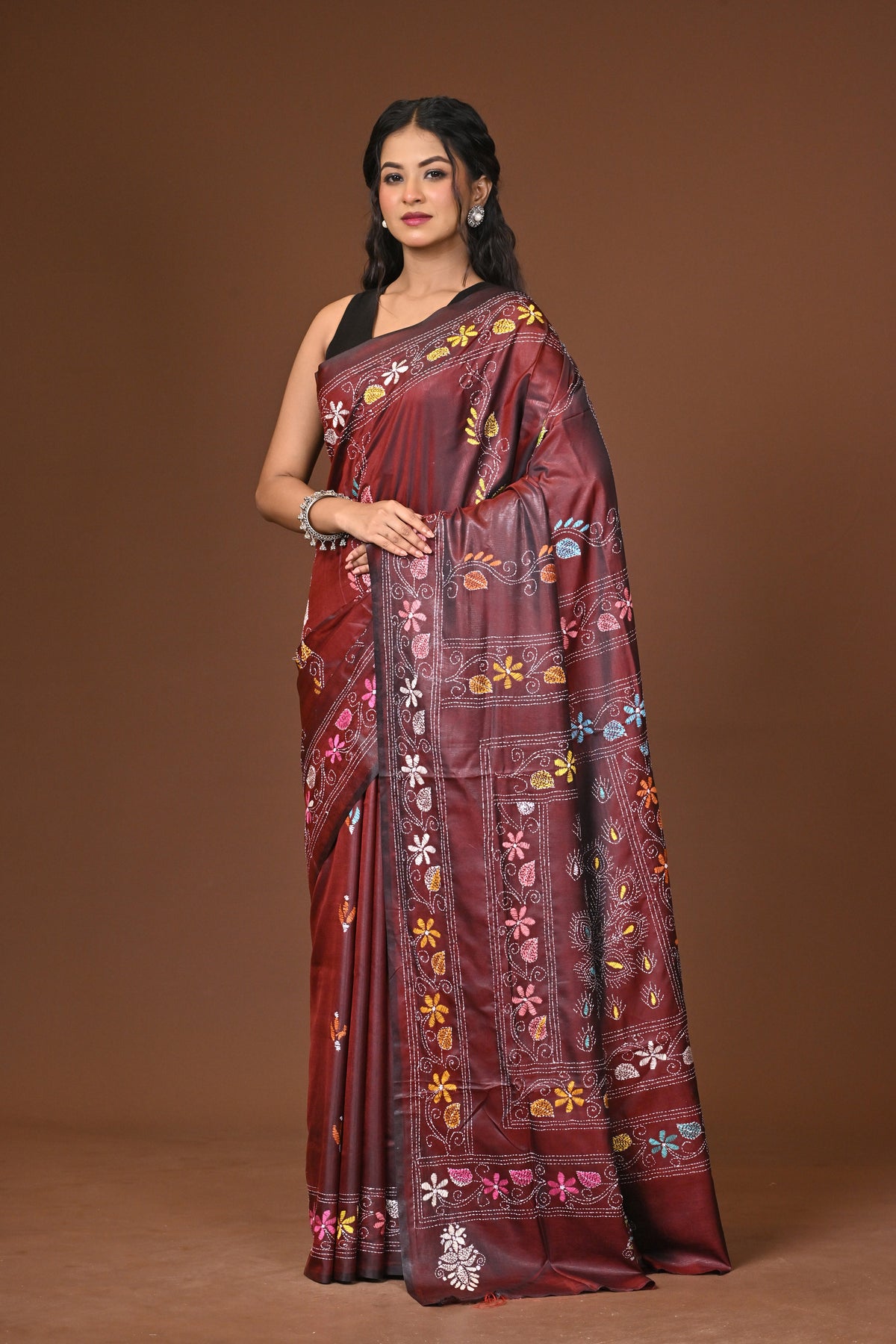 Blended Silk Kantha Stitch Saree Brown
