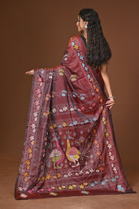 Blended Silk Kantha Stitch Saree Brown