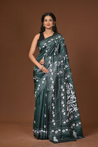 Blended Silk Kantha Stitch Saree Green