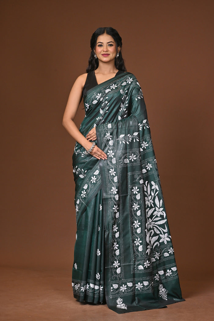 Blended Silk Kantha Stitch Saree