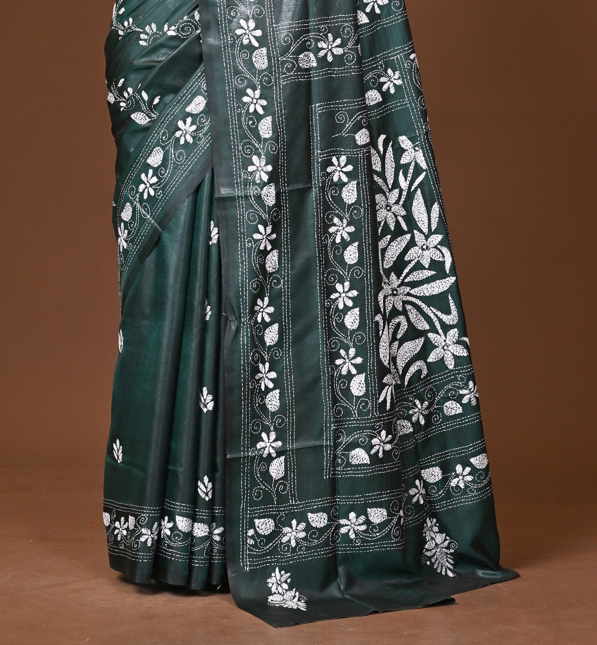 Blended Silk Kantha Stitch Saree Green