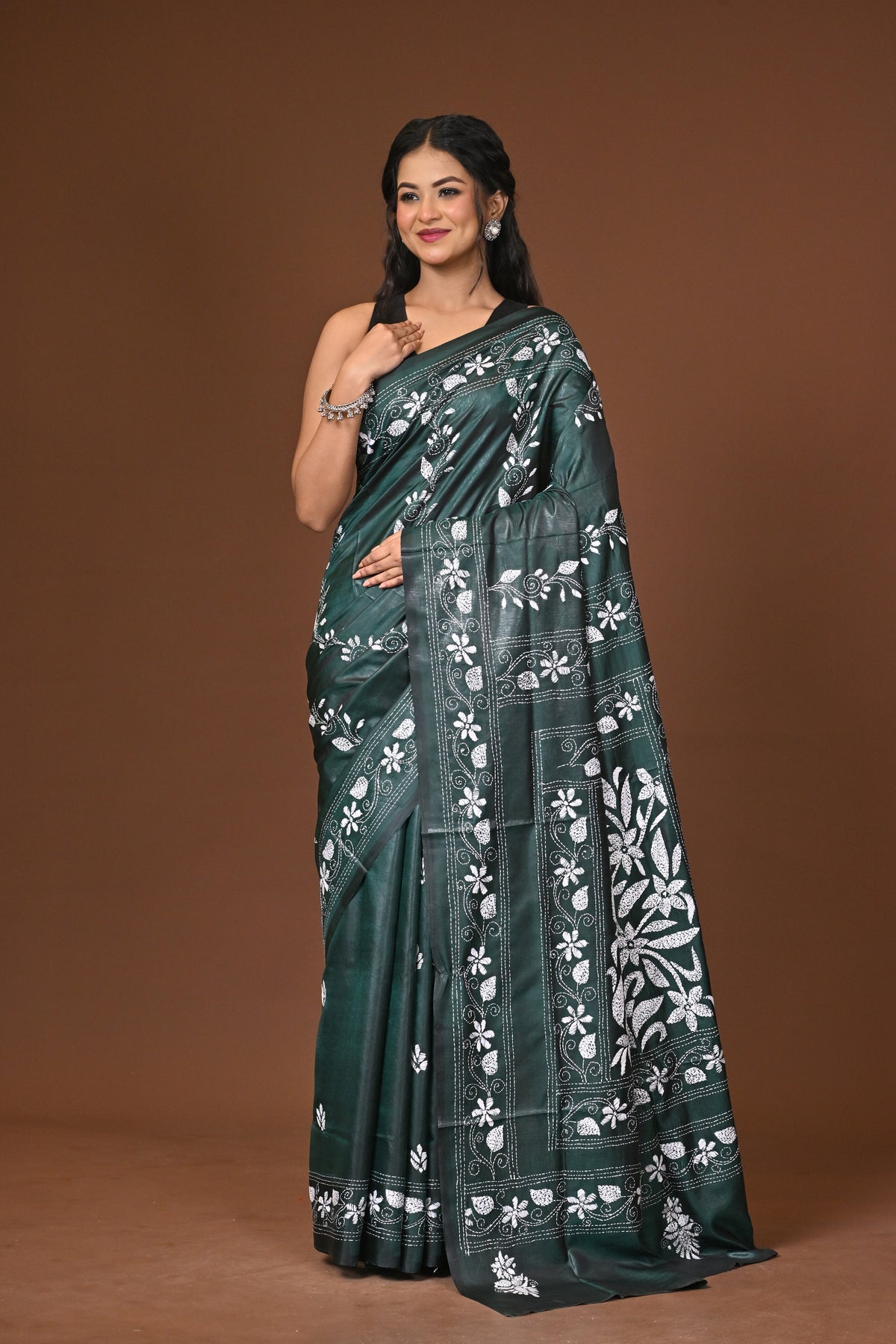 Blended Silk Kantha Stitch Saree Green