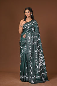 Blended Silk Kantha Stitch Saree Green