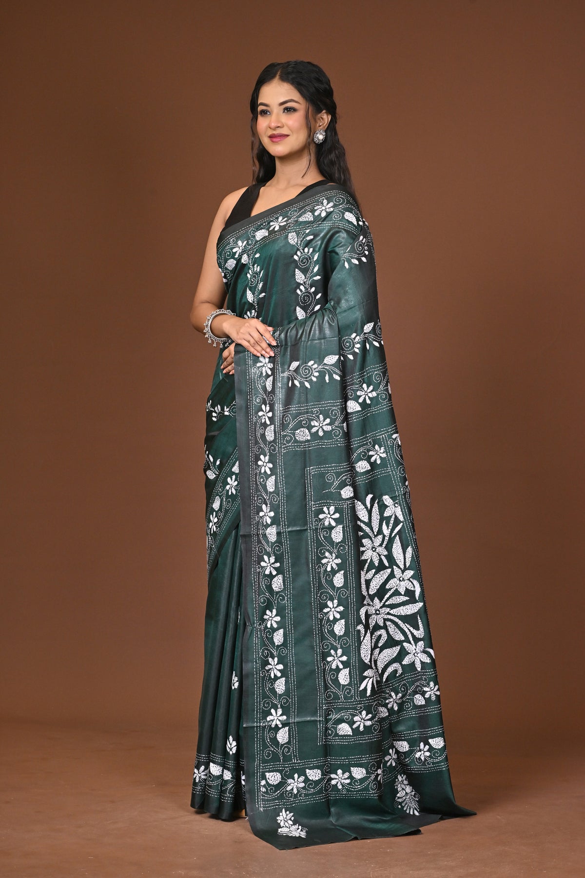 Blended Silk Kantha Stitch Saree Green