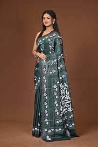 Blended Silk Kantha Stitch Saree Green