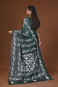 Blended Silk Kantha Stitch Saree Green