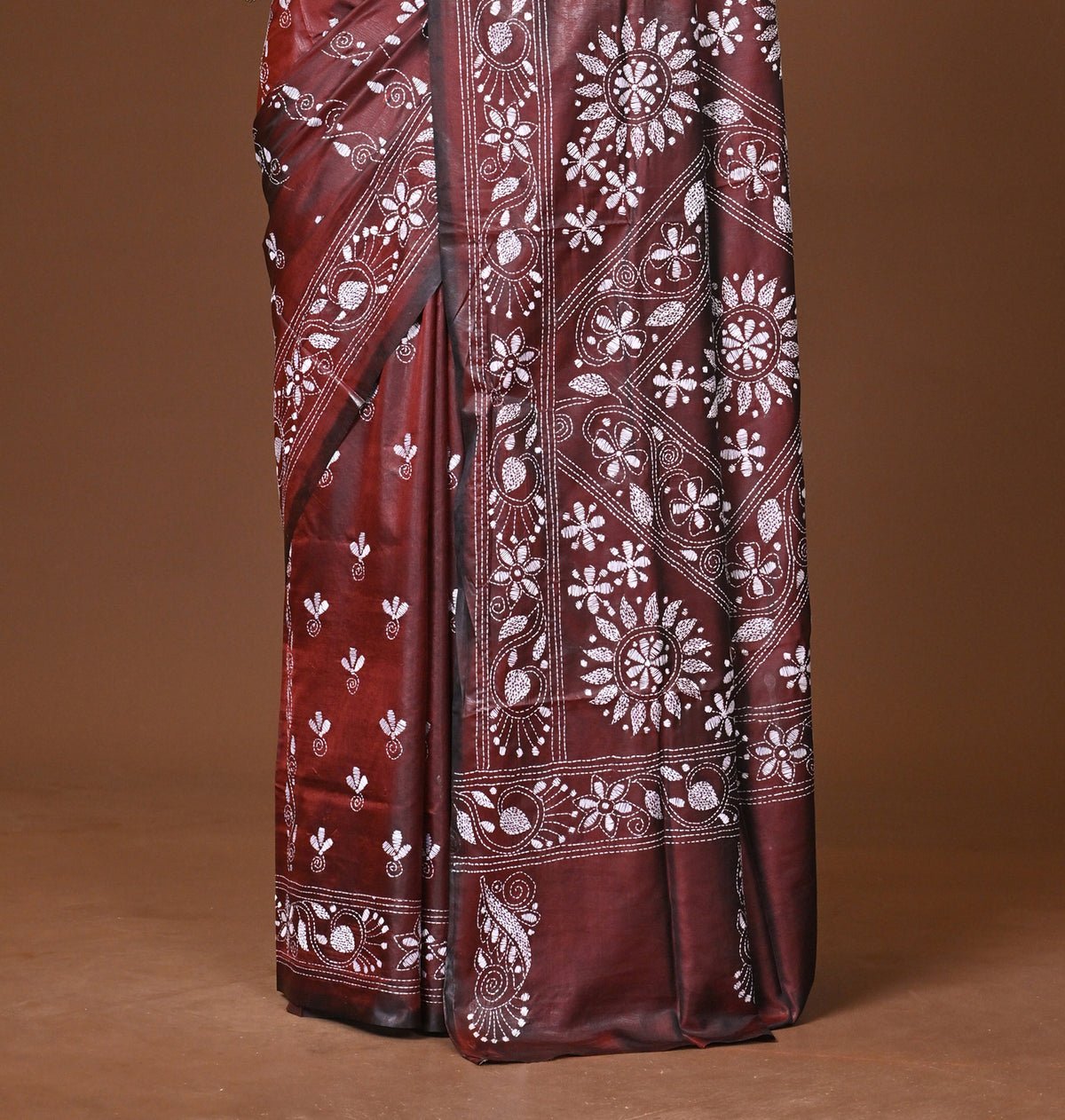 Blended Silk Kantha Stitch Saree Brown