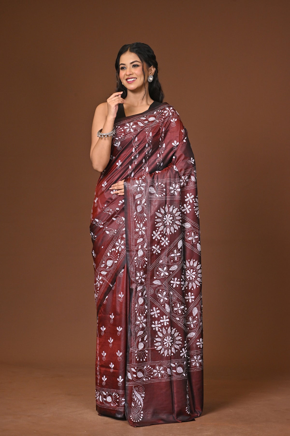 Blended Silk Kantha Stitch Saree Brown