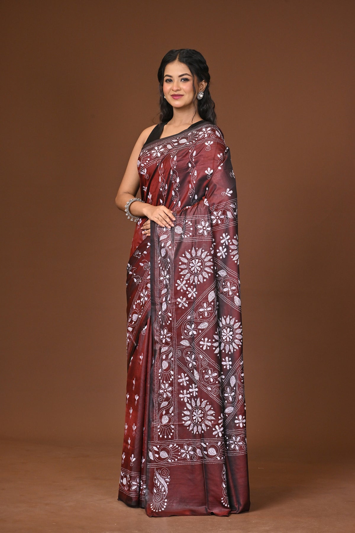 Blended Silk Kantha Stitch Saree Brown