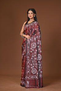 Blended Silk Kantha Stitch Saree Brown