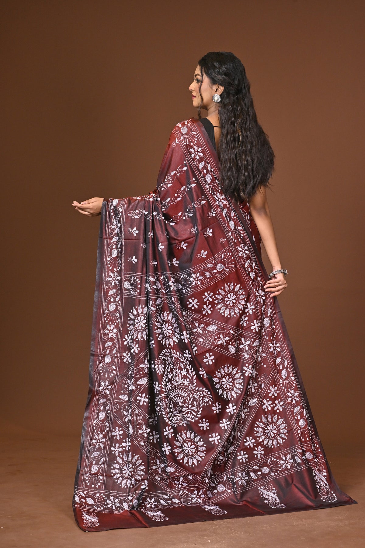 Blended Silk Kantha Stitch Saree Brown