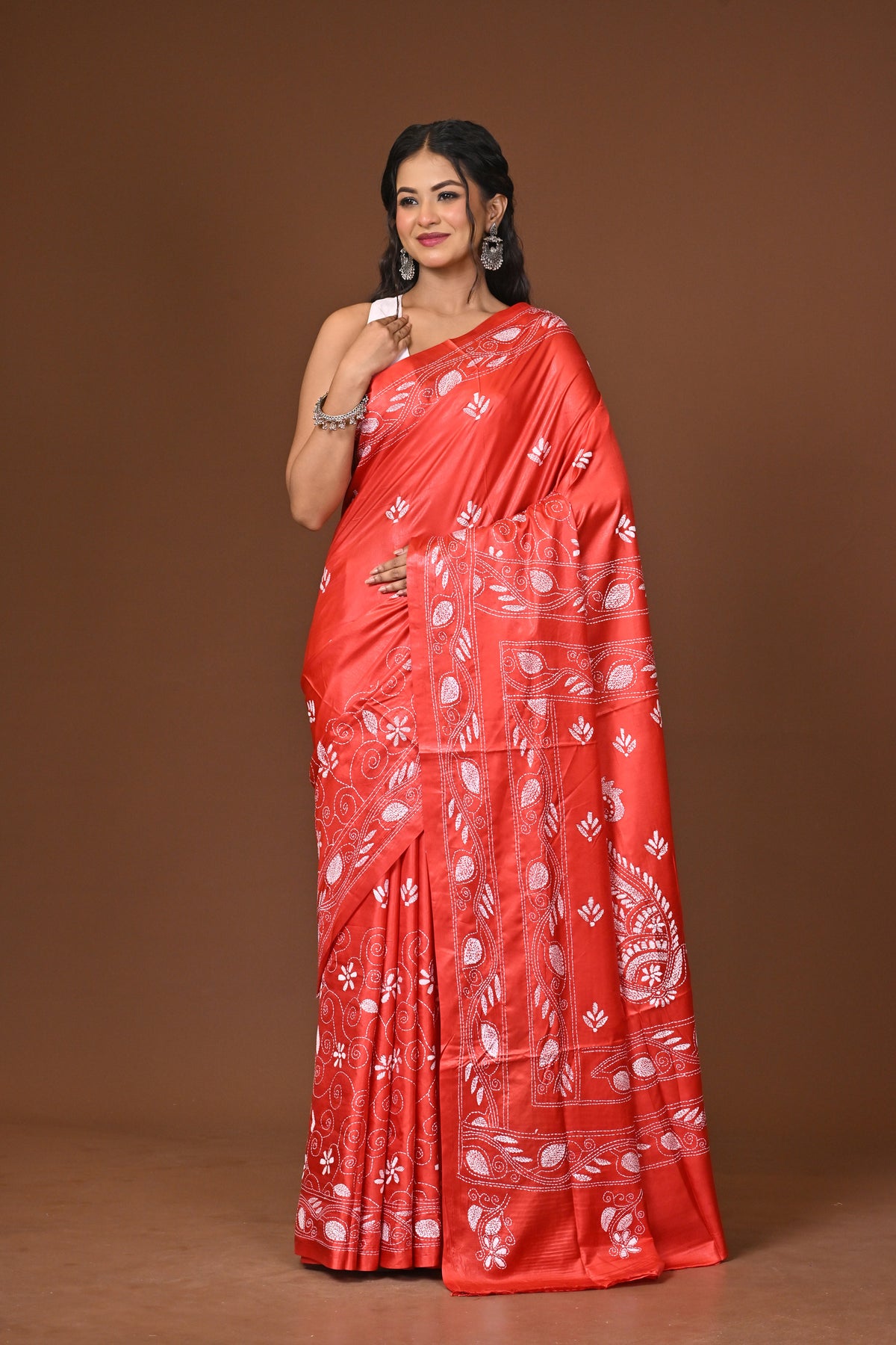 Blended Silk Kantha Stitch Saree Red