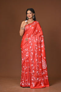 Blended Silk Kantha Stitch Saree Red