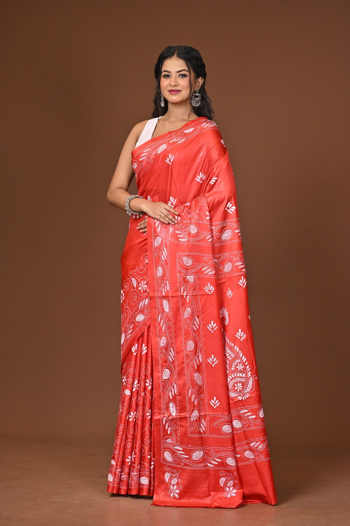 Blended Silk Kantha Stitch Saree Red