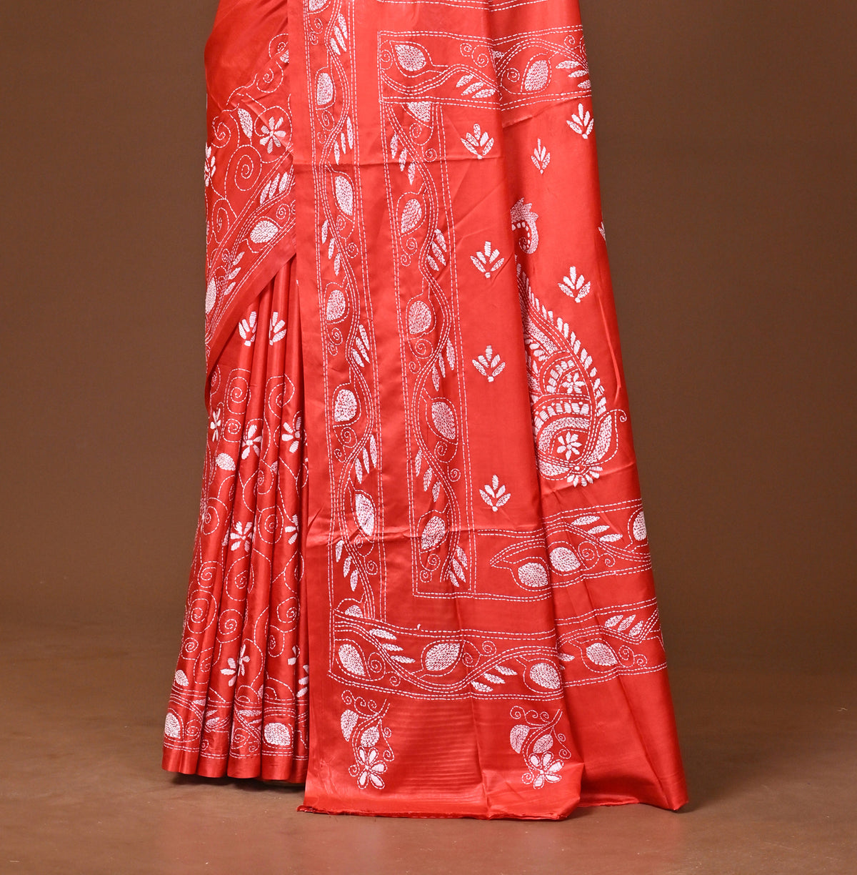 Blended Silk Kantha Stitch Saree Red