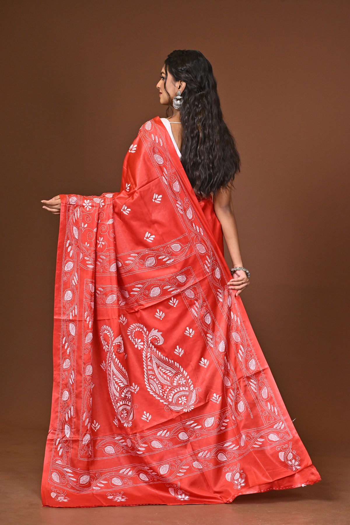 Blended Silk Kantha Stitch Saree Red