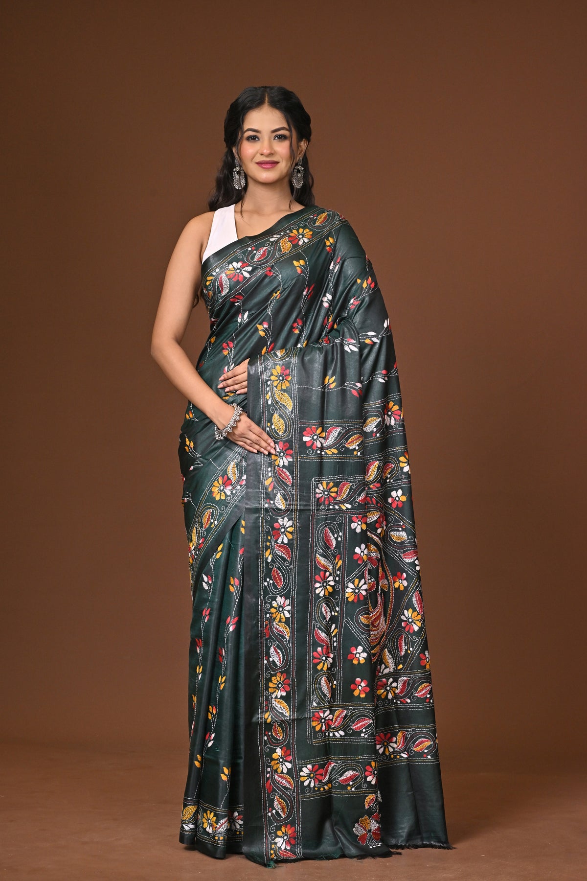 Blended Silk Kantha Stitch Saree Green