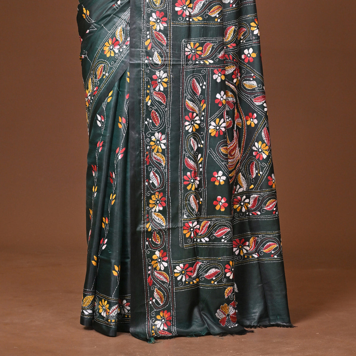 Blended Silk Kantha Stitch Saree Green