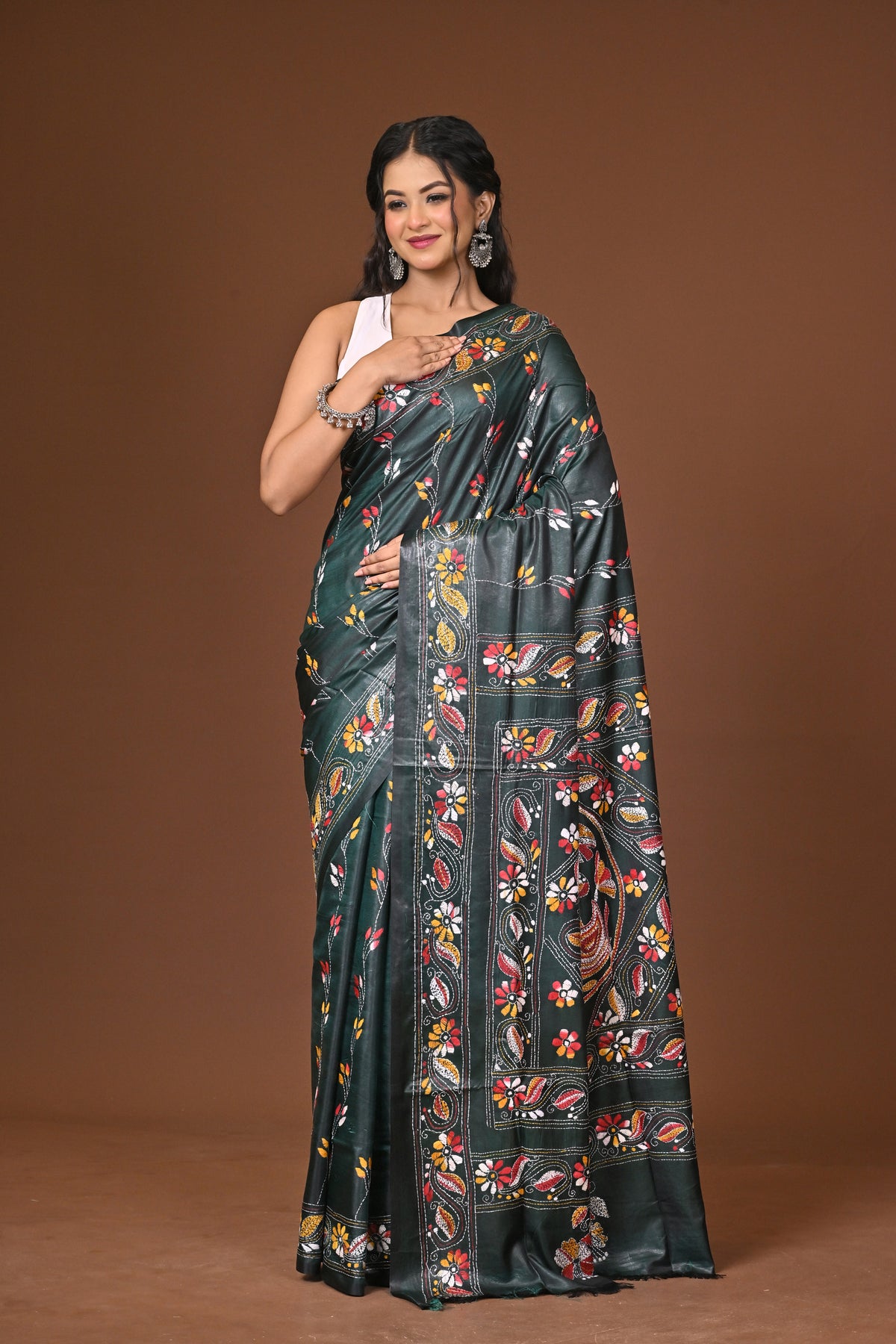 Blended Silk Kantha Stitch Saree Green