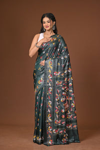 Blended Silk Kantha Stitch Saree Green