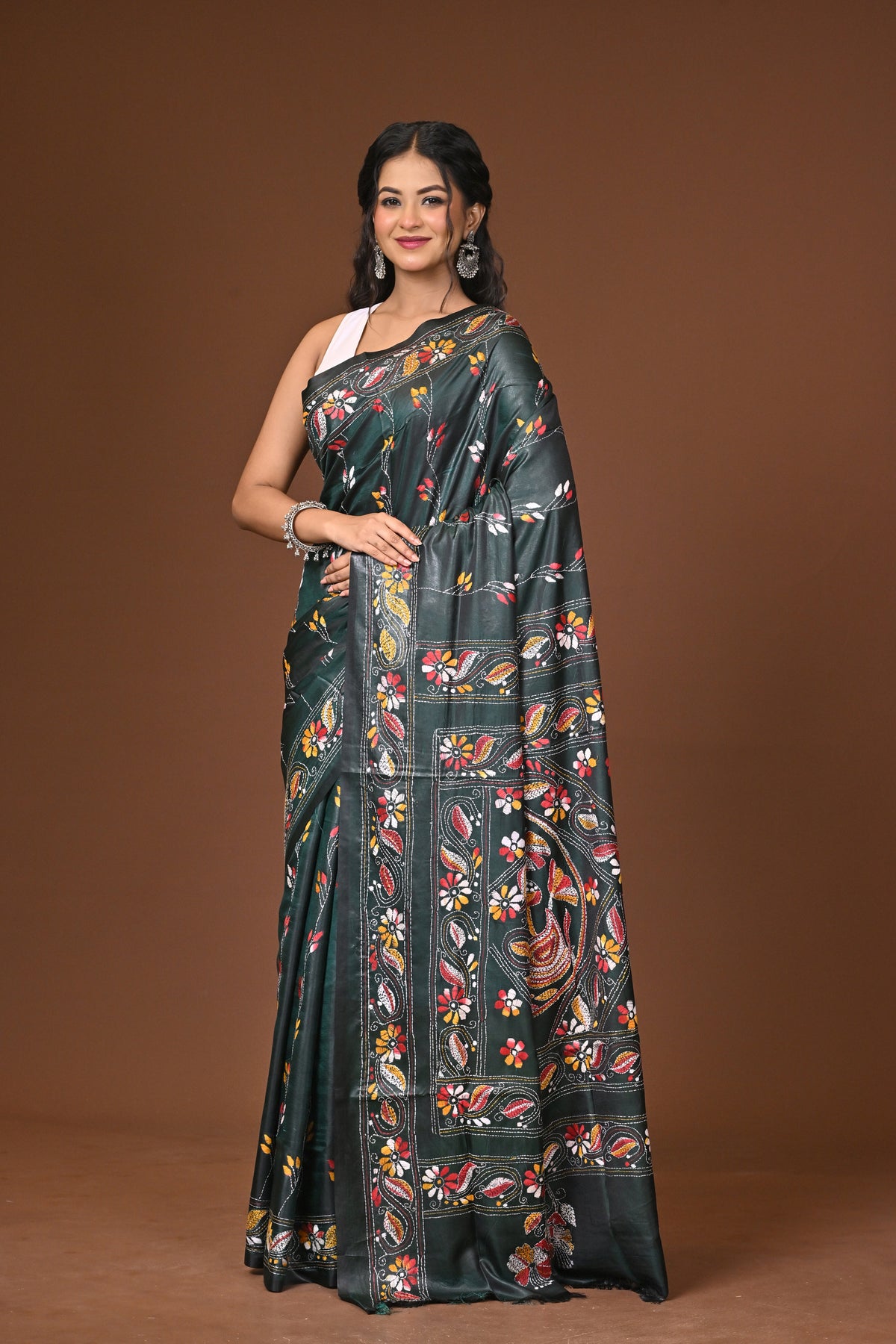 Blended Silk Kantha Stitch Saree Green