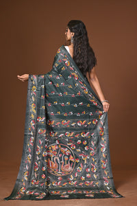 Blended Silk Kantha Stitch Saree Green