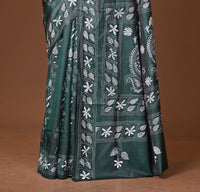 Blended Silk Kantha Stitch Saree Green