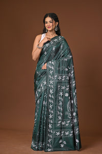 Blended Silk Kantha Stitch Saree Green