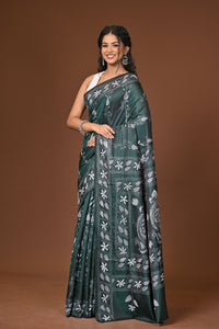 Blended Silk Kantha Stitch Saree Green
