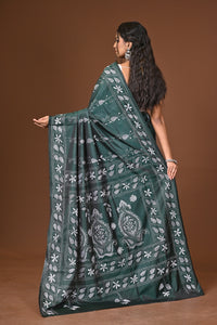 Blended Silk Kantha Stitch Saree Green