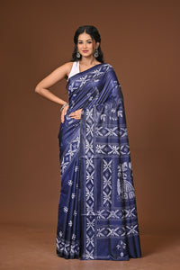 Blended Silk Kantha Stitch Saree Blue