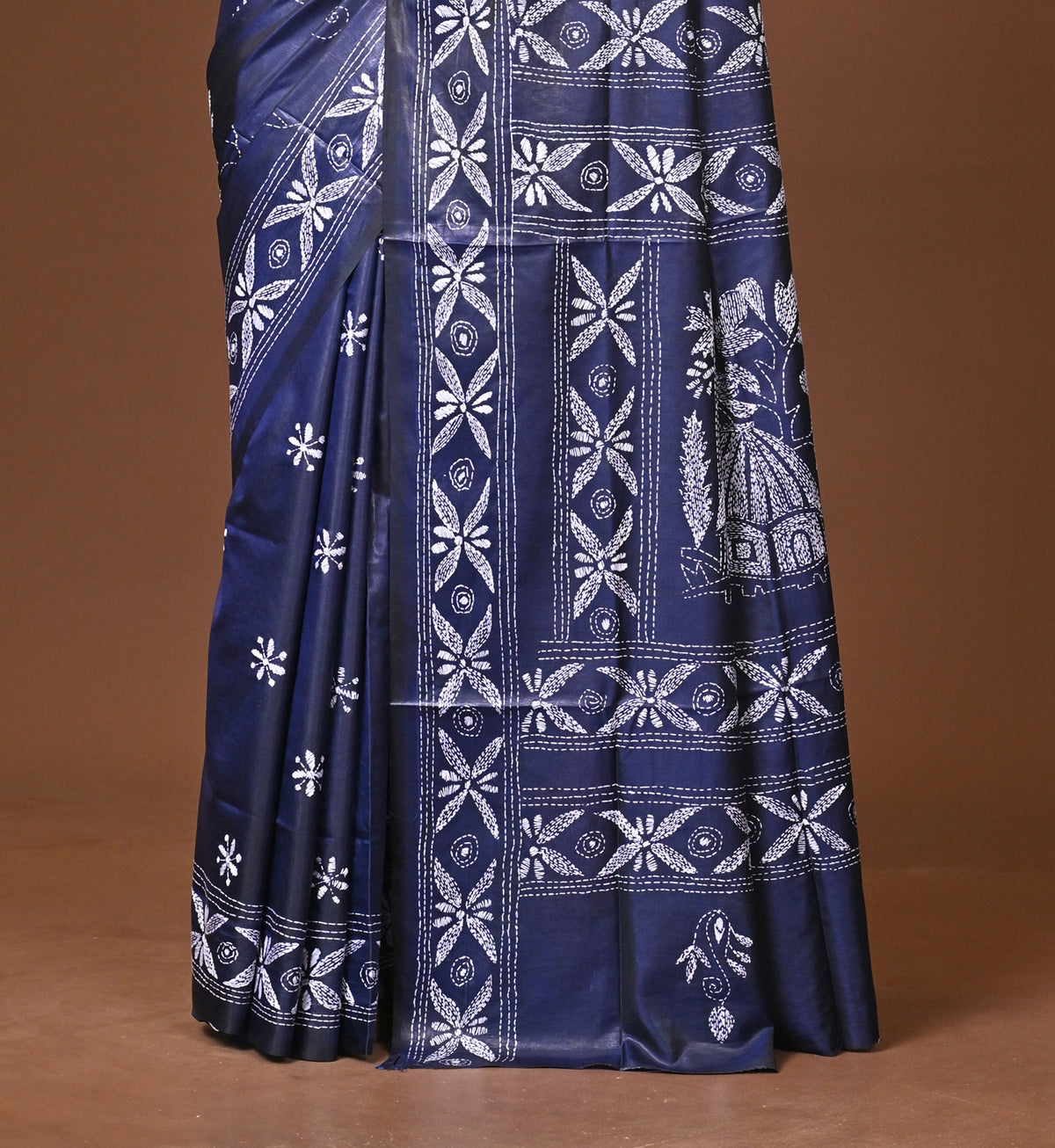 Blended Silk Kantha Stitch Saree Blue