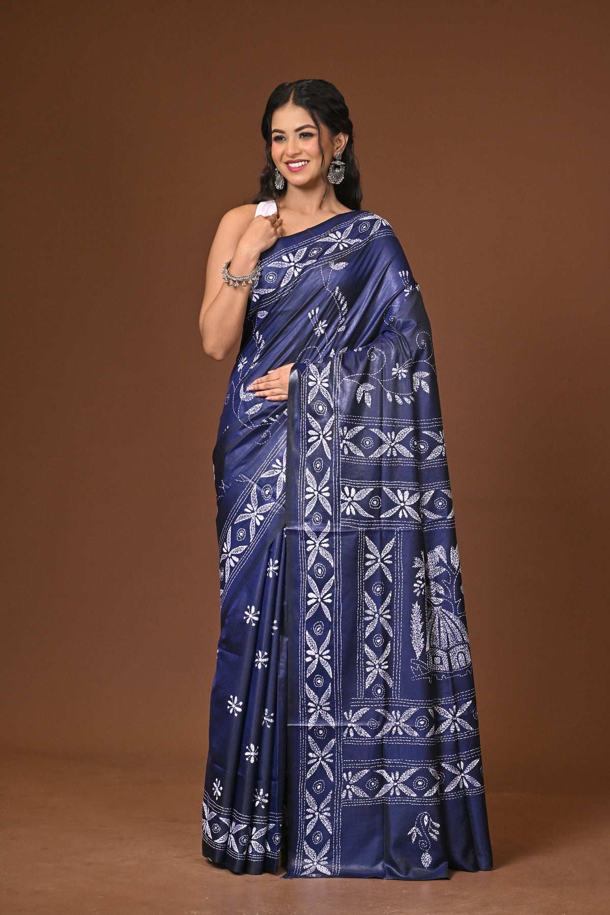 Blended Silk Kantha Stitch Saree Blue