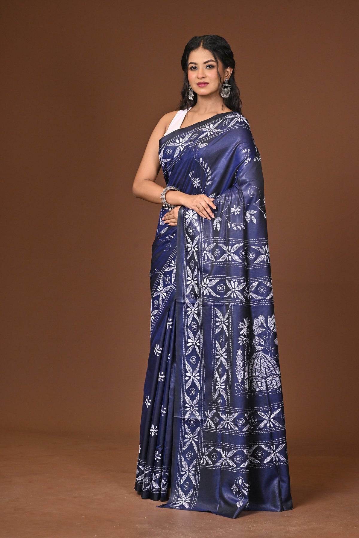 Blended Silk Kantha Stitch Saree Blue