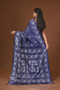 Blended Silk Kantha Stitch Saree Blue