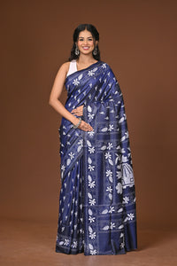 Blended Silk Kantha Stitch Saree Blue