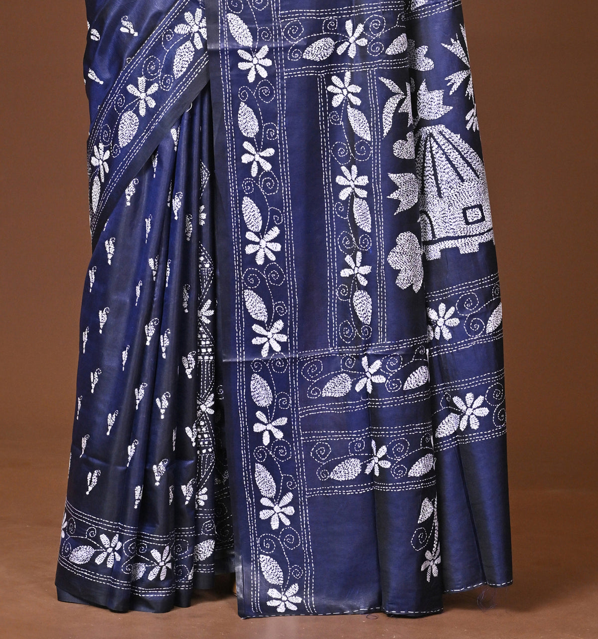 Blended Silk Kantha Stitch Saree Blue
