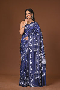 Blended Silk Kantha Stitch Saree Blue