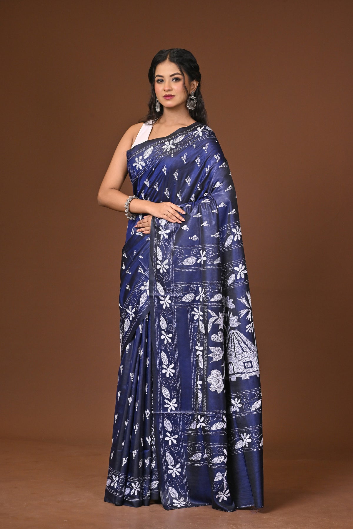 Blended Silk Kantha Stitch Saree Blue
