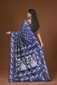 Blended Silk Kantha Stitch Saree Blue