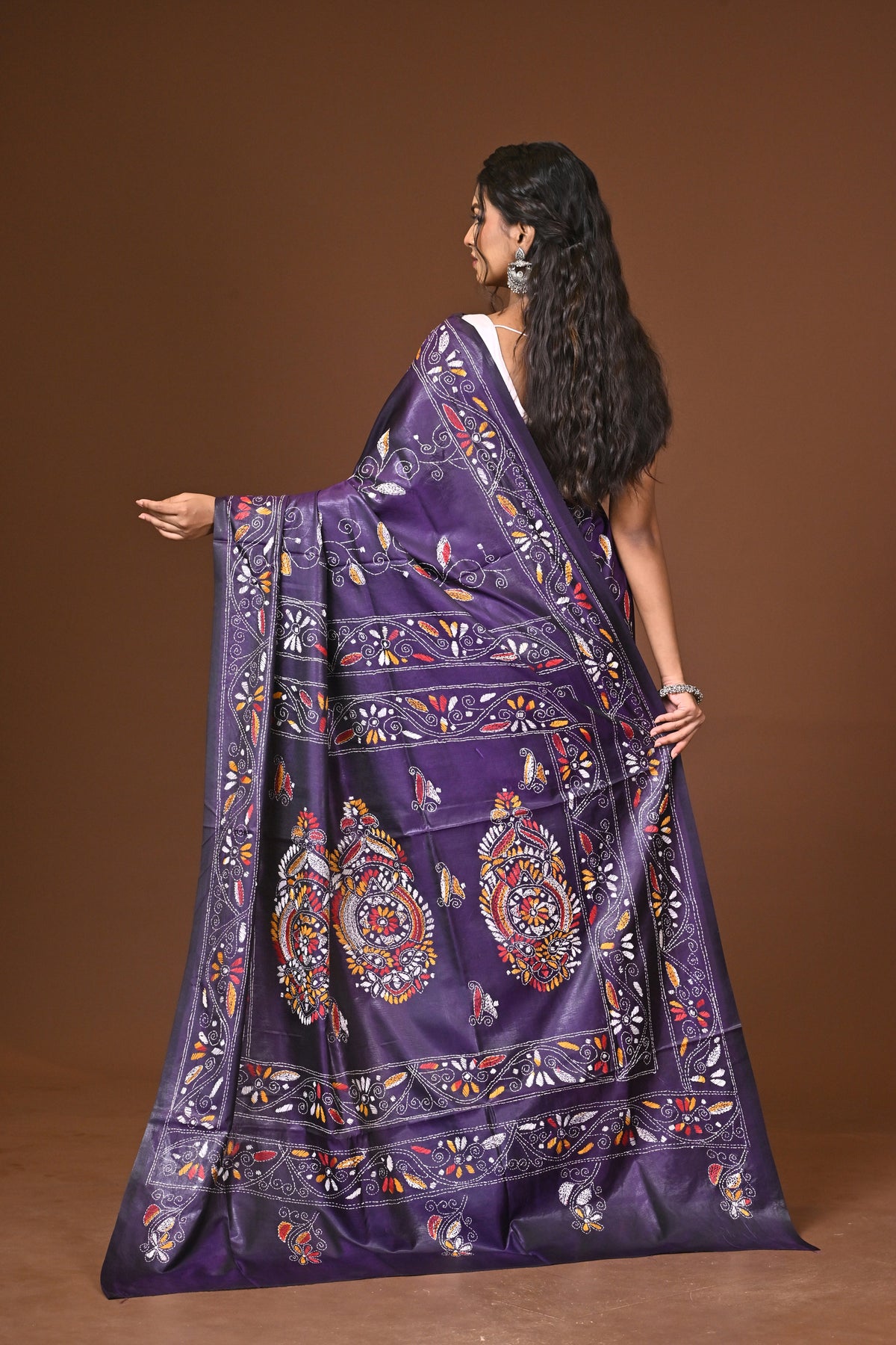 Blended Silk Kantha Stitch Saree Purple